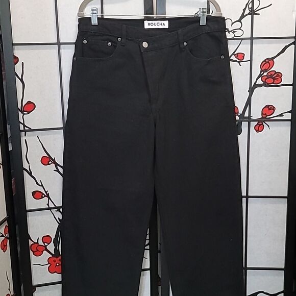 Roucha Wide Leg Jeans Black High-Rise Button Closure - Picture 2 of 10